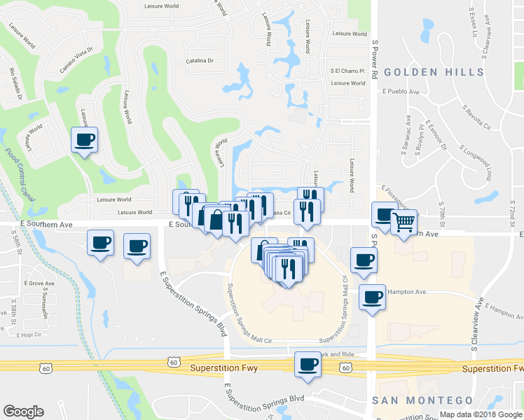 map of restaurants, bars, coffee shops, grocery stores, and more near 464 Leisure World in Mesa