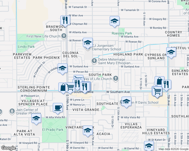 map of restaurants, bars, coffee shops, grocery stores, and more near 1702 West Wayland Drive in Phoenix