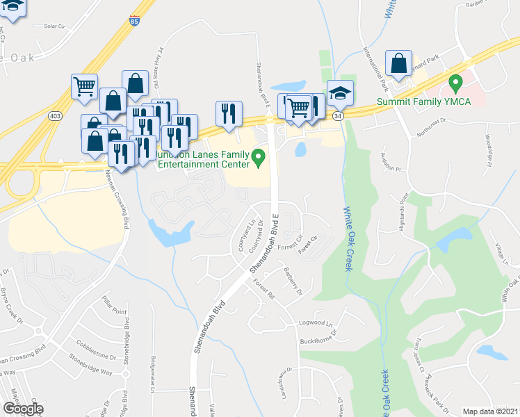 map of restaurants, bars, coffee shops, grocery stores, and more near 20 Courtyard Drive in Newnan