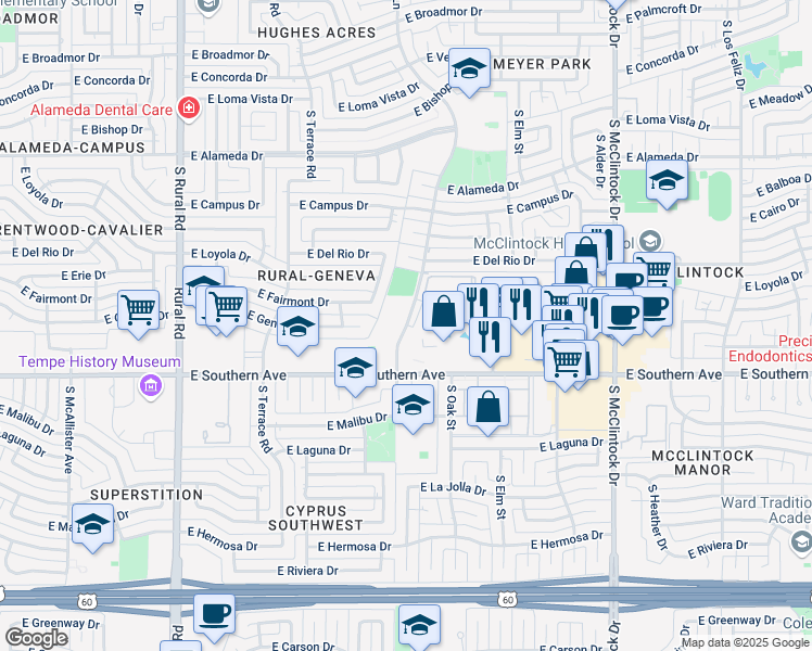 map of restaurants, bars, coffee shops, grocery stores, and more near East Apartment in Tempe