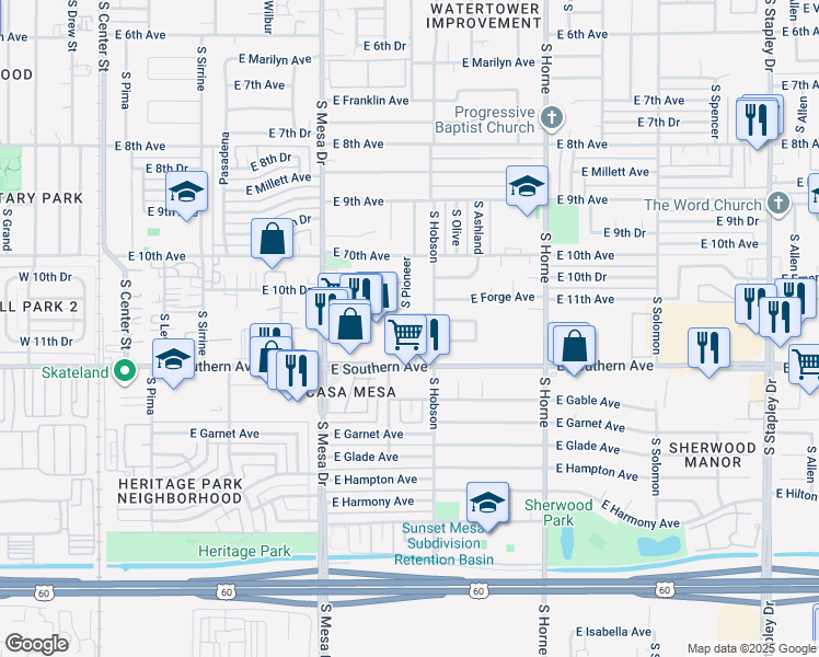 map of restaurants, bars, coffee shops, grocery stores, and more near 544 East Southern Avenue in Mesa
