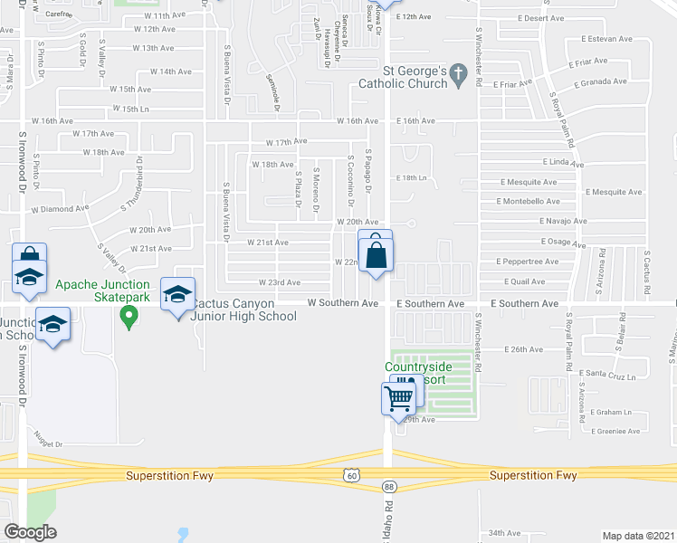 map of restaurants, bars, coffee shops, grocery stores, and more near 2270 South Apache Drive in Apache Junction