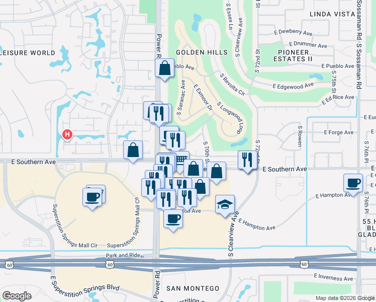 map of restaurants, bars, coffee shops, grocery stores, and more near 6869 East Flossmoor Avenue in Mesa