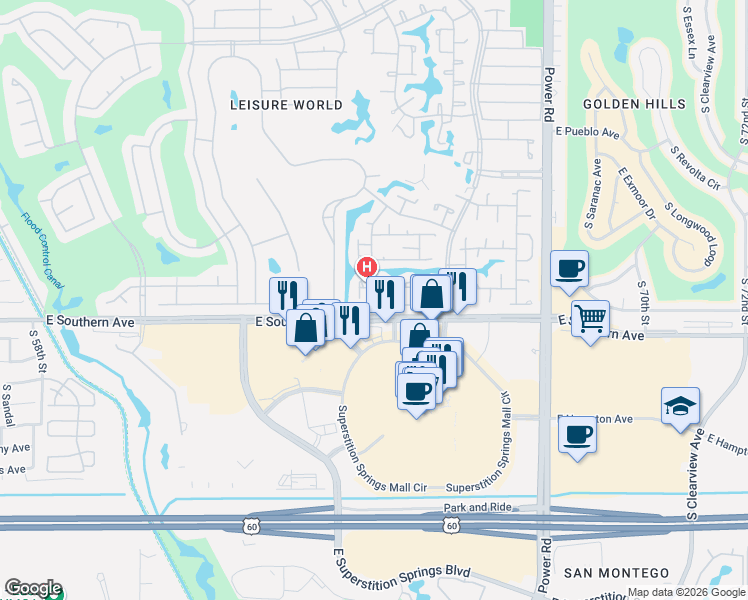 map of restaurants, bars, coffee shops, grocery stores, and more near 464 Leisure World in Mesa