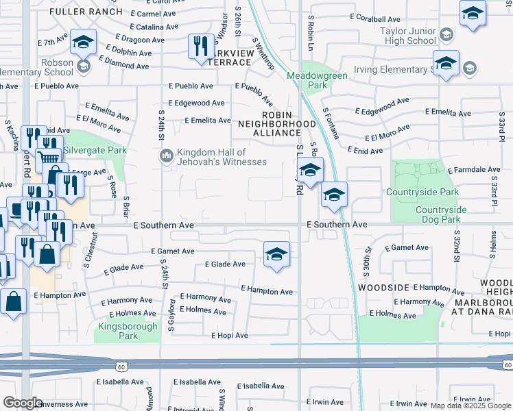 map of restaurants, bars, coffee shops, grocery stores, and more near 1139 South Lyn Rae Square in Mesa