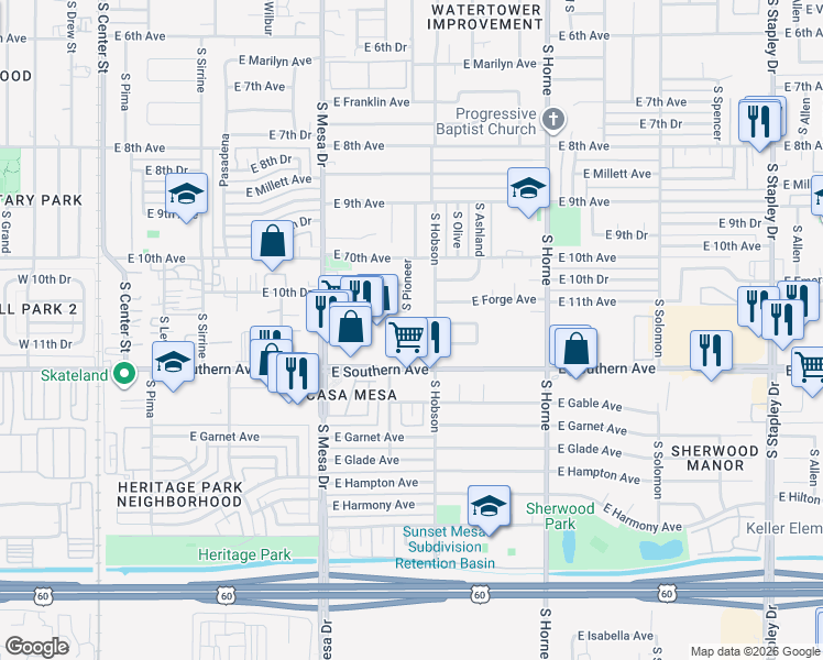 map of restaurants, bars, coffee shops, grocery stores, and more near 544 East Southern Avenue in Mesa