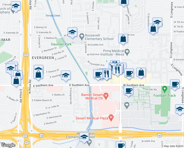 map of restaurants, bars, coffee shops, grocery stores, and more near 1112 South San Jose in Mesa