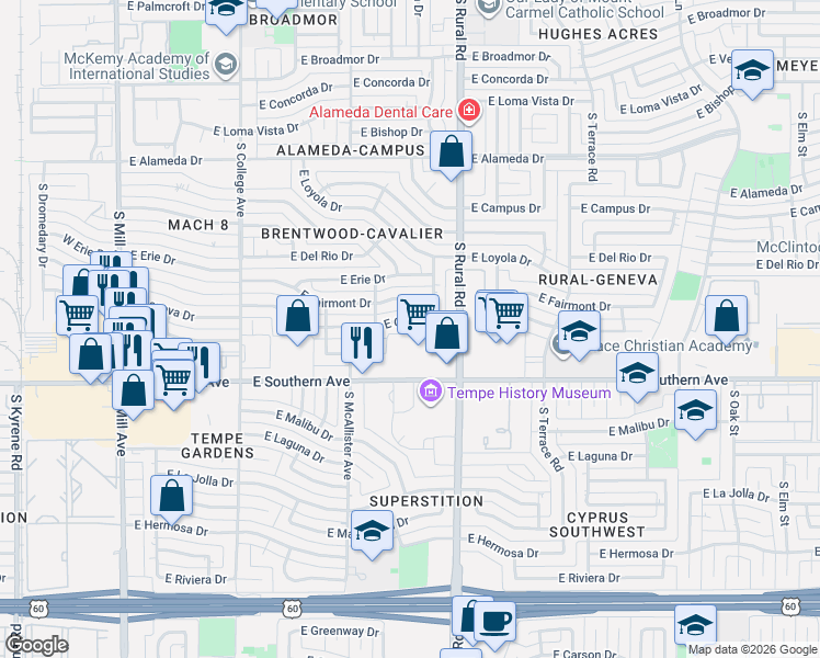 map of restaurants, bars, coffee shops, grocery stores, and more near 621 East Geneva Drive in Tempe