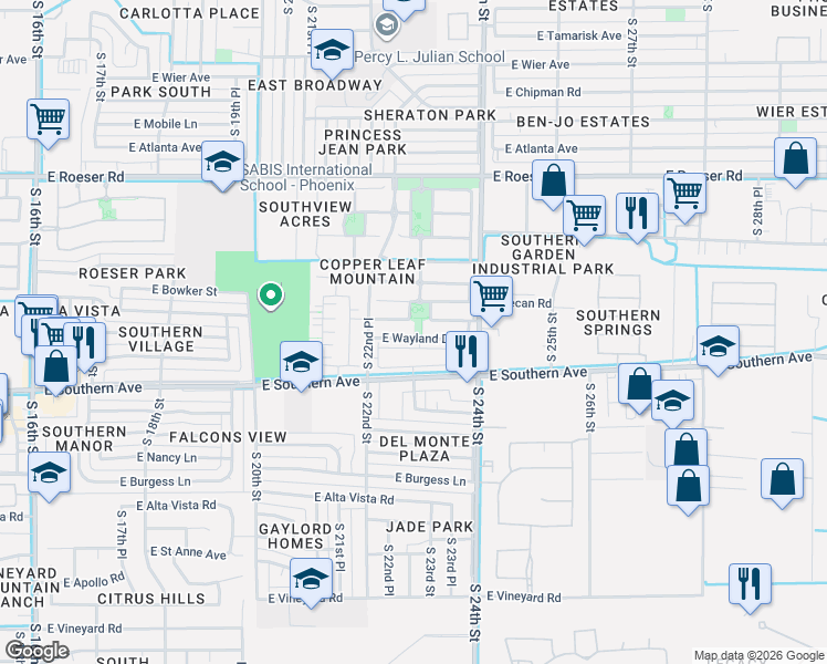 map of restaurants, bars, coffee shops, grocery stores, and more near 2308 East Wayland Drive in Phoenix