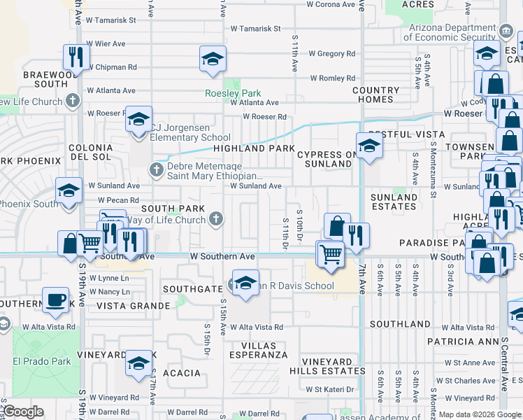 map of restaurants, bars, coffee shops, grocery stores, and more near 1125 West Sunland Avenue in Phoenix