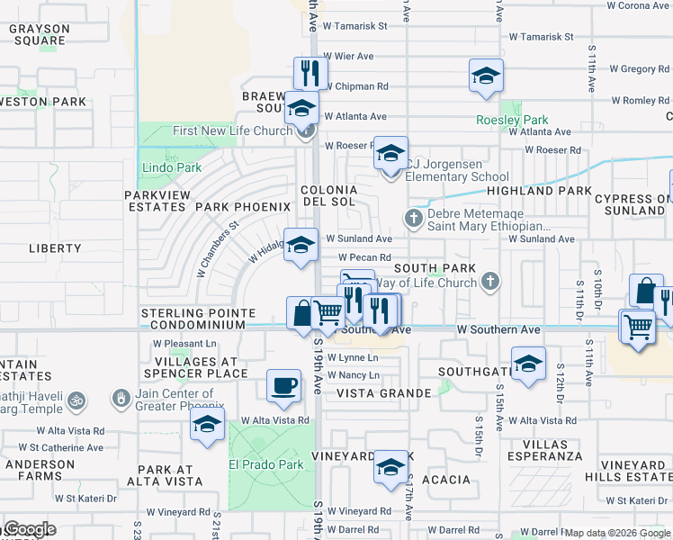 map of restaurants, bars, coffee shops, grocery stores, and more near 1818 West Wayland Drive in Phoenix