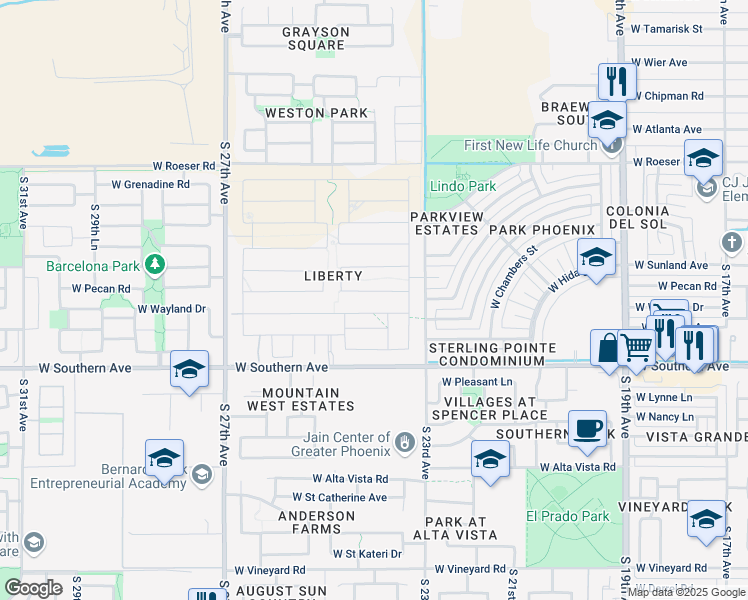 map of restaurants, bars, coffee shops, grocery stores, and more near 2423 West Pecan Road in Phoenix