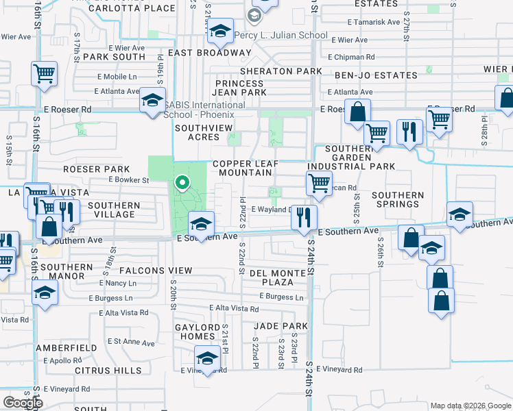 map of restaurants, bars, coffee shops, grocery stores, and more near 2226 East Wayland Drive in Phoenix