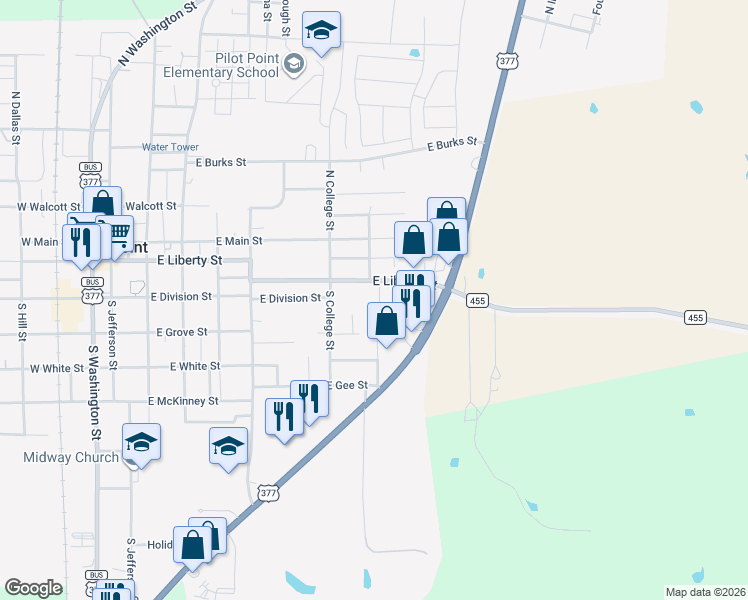 map of restaurants, bars, coffee shops, grocery stores, and more near 216 Point Cir in Pilot Point