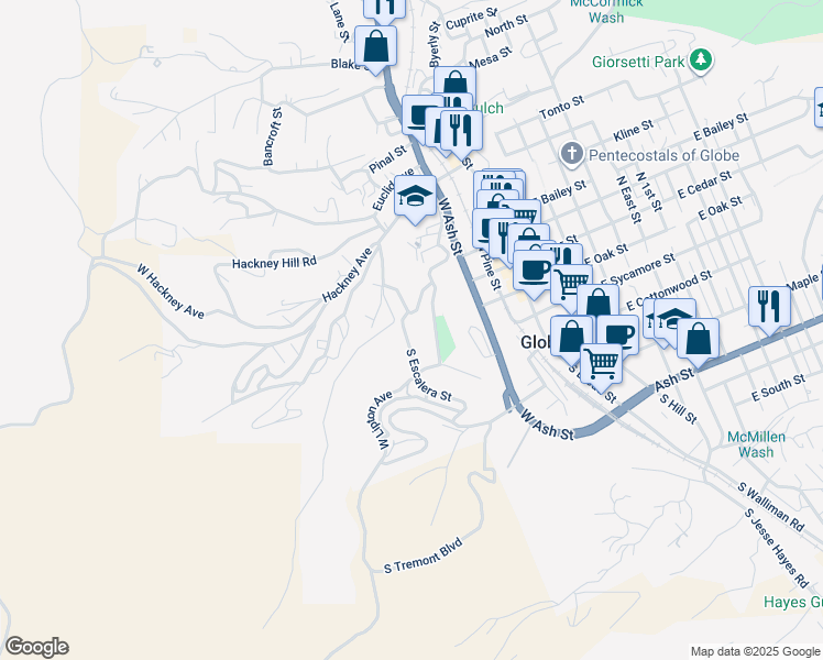 map of restaurants, bars, coffee shops, grocery stores, and more near 131 South Escalera Street in Globe