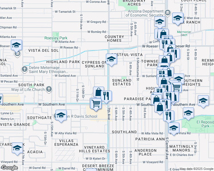 map of restaurants, bars, coffee shops, grocery stores, and more near 5631 South 9th Avenue in Phoenix