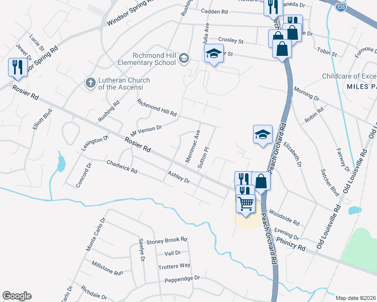 map of restaurants, bars, coffee shops, grocery stores, and more near 3423 Merrimac Avenue in Augusta
