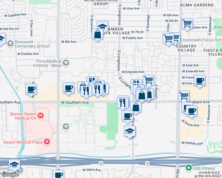 map of restaurants, bars, coffee shops, grocery stores, and more near 1620 West Southern Avenue in Mesa