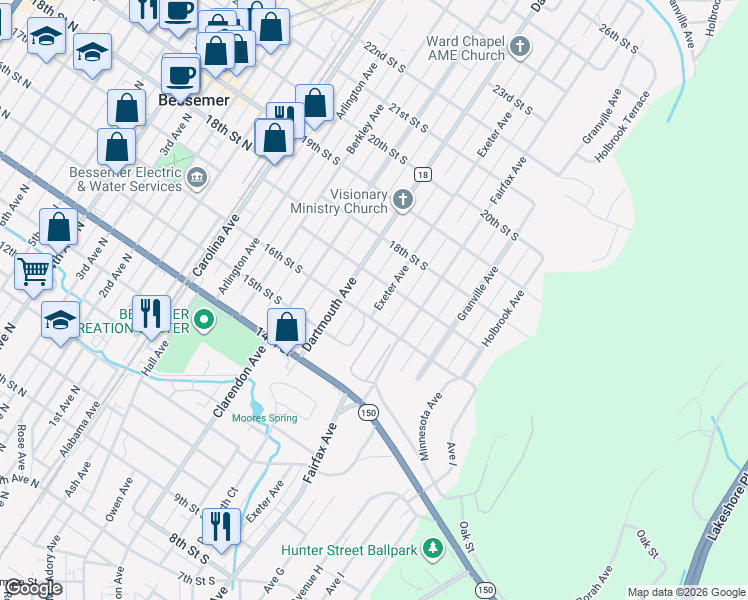 map of restaurants, bars, coffee shops, grocery stores, and more near 1621 Exeter Avenue in Bessemer
