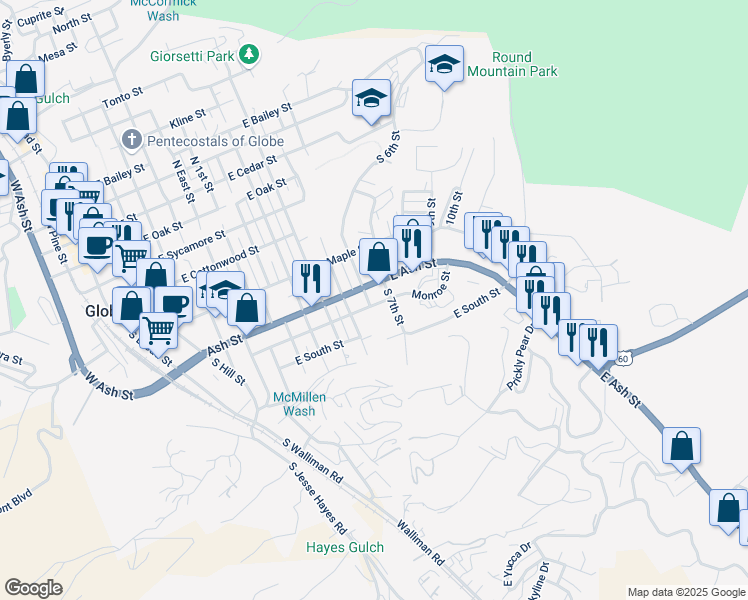 map of restaurants, bars, coffee shops, grocery stores, and more near 555 Monroe Street in Globe