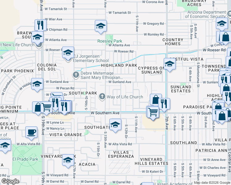 map of restaurants, bars, coffee shops, grocery stores, and more near 5635 South 14th Avenue in Phoenix