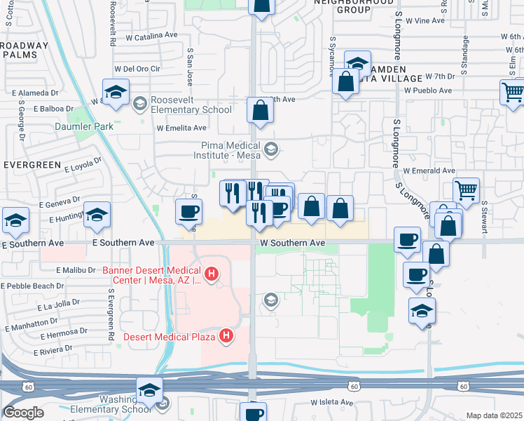 map of restaurants, bars, coffee shops, grocery stores, and more near 1111 South Dobson Road in Mesa