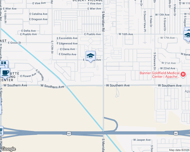 map of restaurants, bars, coffee shops, grocery stores, and more near 11523 East Flower Circle in Mesa