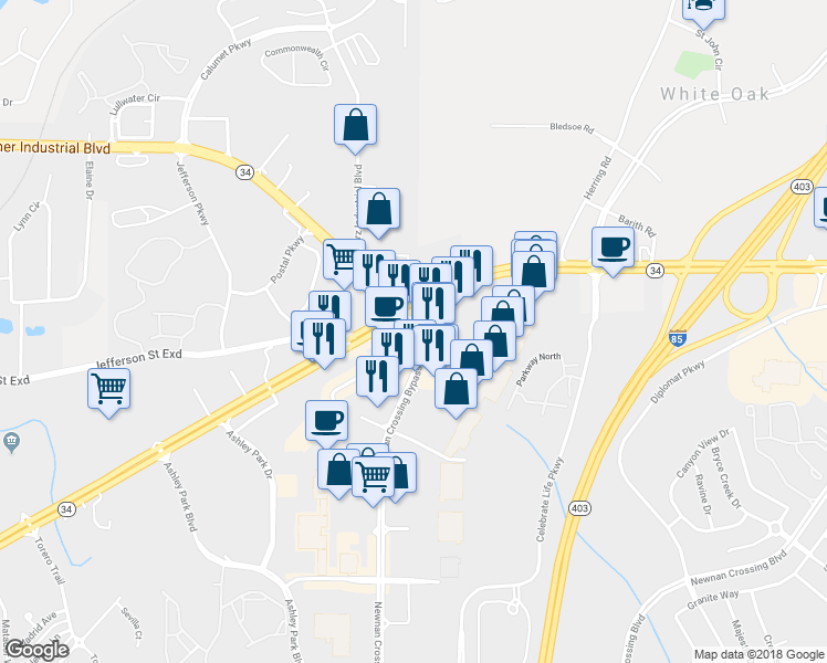 map of restaurants, bars, coffee shops, grocery stores, and more near 65 Newnan Crossing Bypass in Newnan