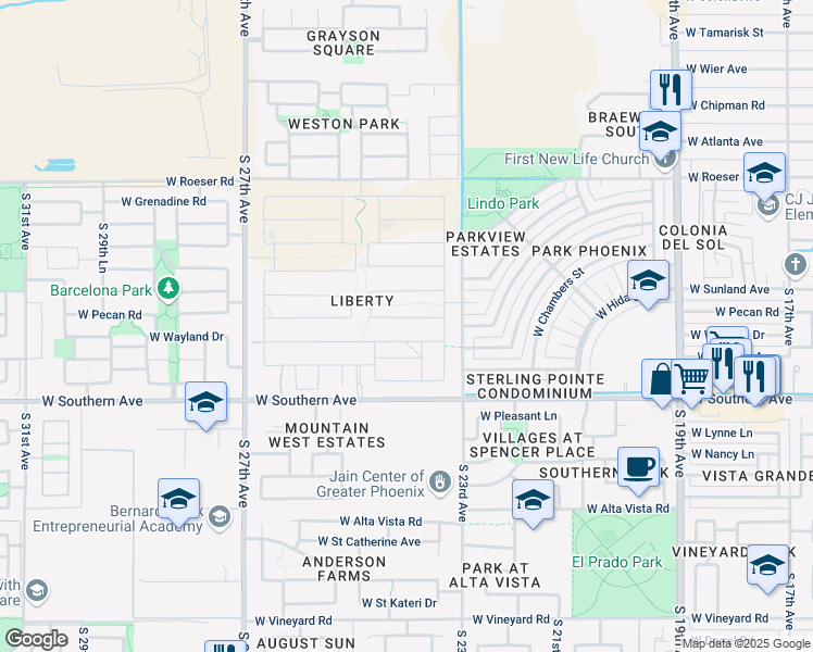 map of restaurants, bars, coffee shops, grocery stores, and more near 2423 West Pecan Road in Phoenix