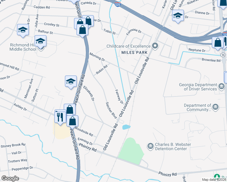 map of restaurants, bars, coffee shops, grocery stores, and more near 1929 Fairway Drive in Augusta