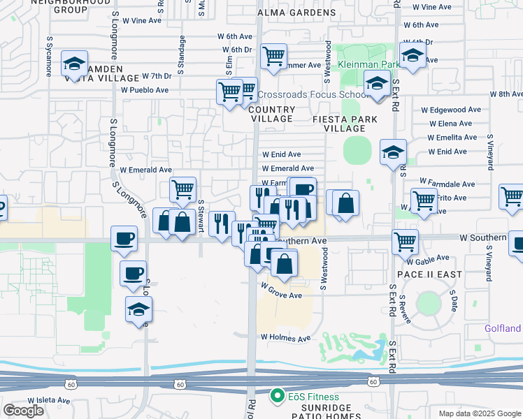 map of restaurants, bars, coffee shops, grocery stores, and more near 1150 West Southern Avenue in Mesa