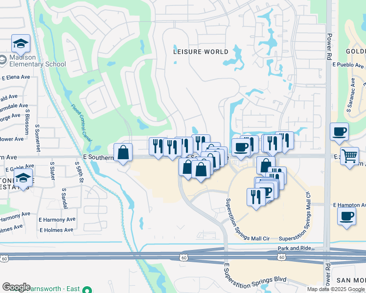 map of restaurants, bars, coffee shops, grocery stores, and more near 1104 Leisure World in Mesa