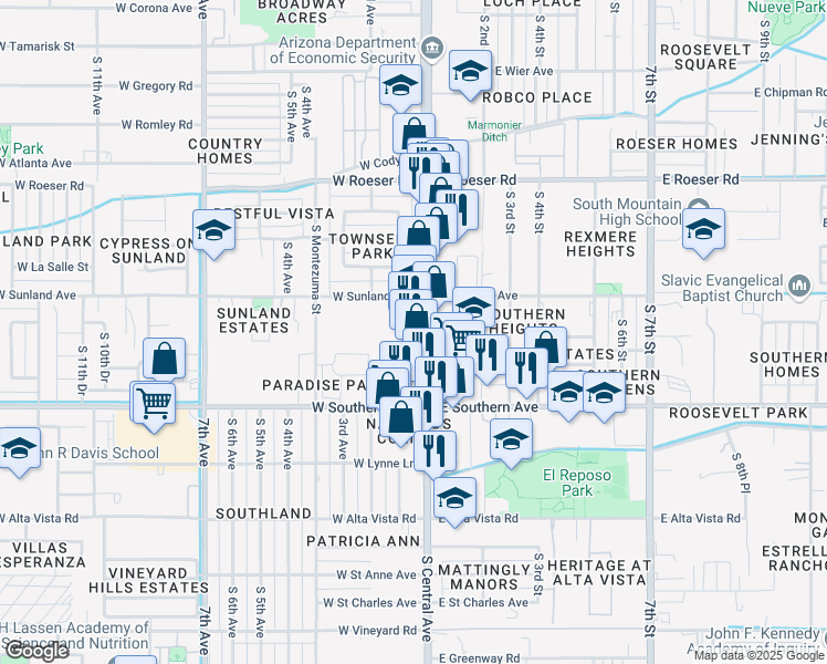 map of restaurants, bars, coffee shops, grocery stores, and more near 5630 South Central Avenue in Phoenix