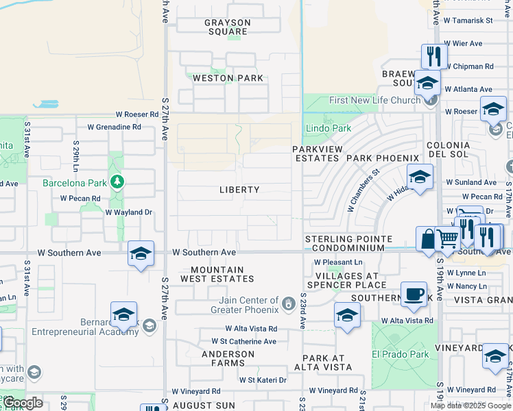 map of restaurants, bars, coffee shops, grocery stores, and more near 2423 West Pecan Road in Phoenix