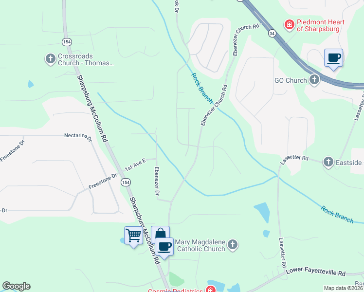 map of restaurants, bars, coffee shops, grocery stores, and more near 125 Ebenezer Drive in Newnan