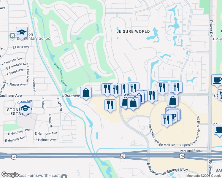 map of restaurants, bars, coffee shops, grocery stores, and more near 2357 Leisure World in Mesa