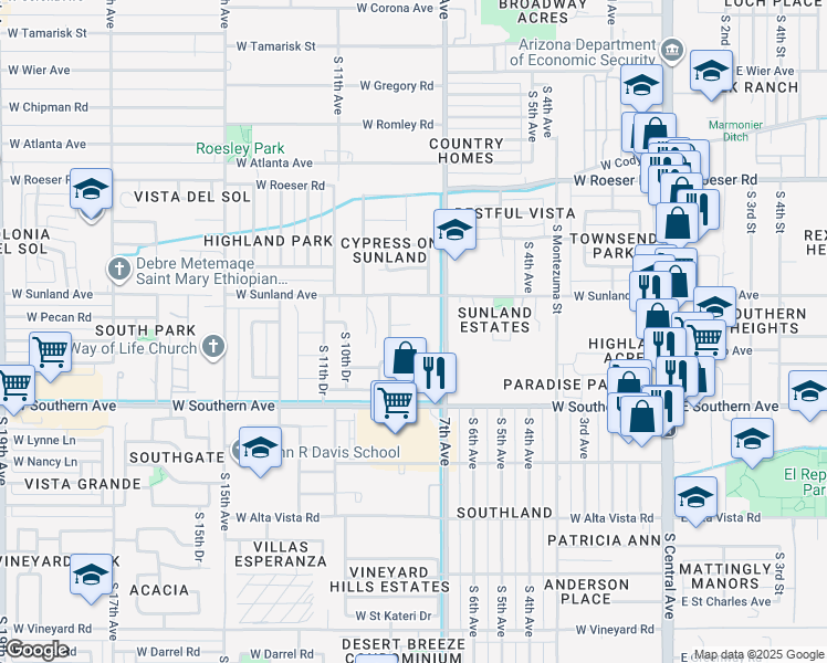 map of restaurants, bars, coffee shops, grocery stores, and more near 5631 South 9th Avenue in Phoenix