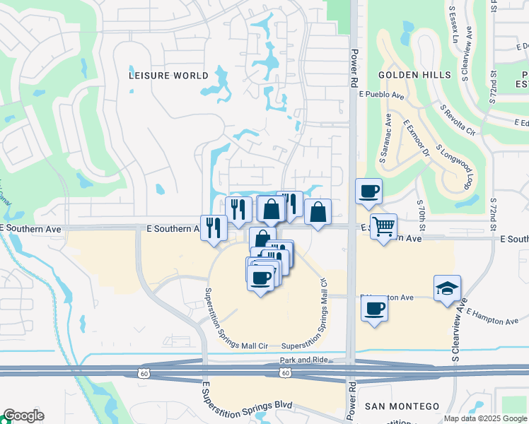 map of restaurants, bars, coffee shops, grocery stores, and more near 480 Leisure World in Mesa