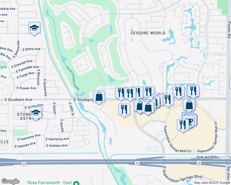 map of restaurants, bars, coffee shops, grocery stores, and more near 2363 Leisure World in Mesa