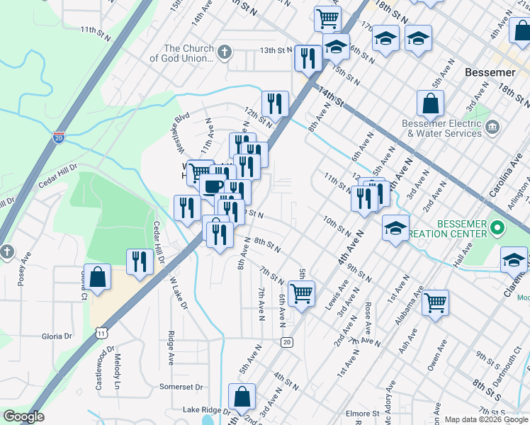 map of restaurants, bars, coffee shops, grocery stores, and more near 730 9th Street North in Bessemer