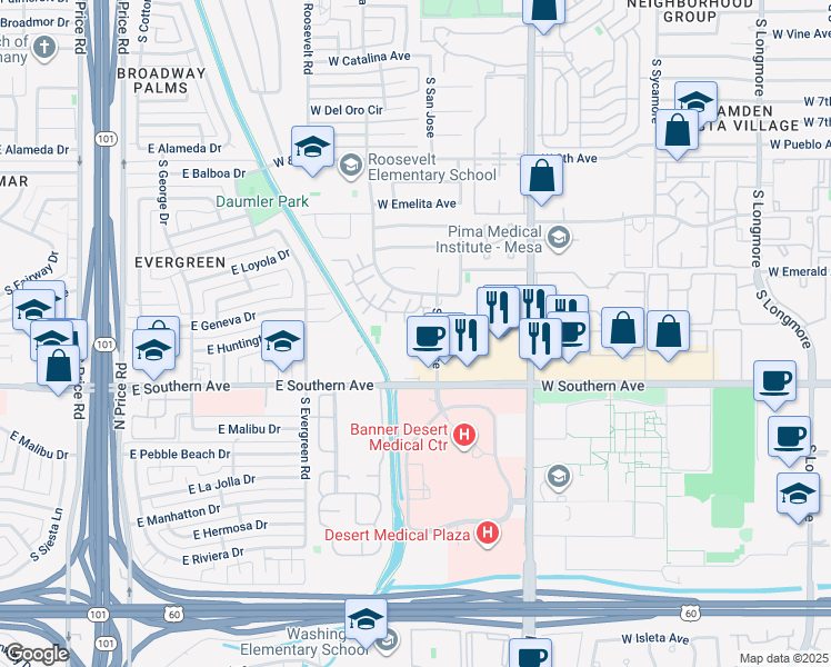 map of restaurants, bars, coffee shops, grocery stores, and more near 1112 South San Jose in Mesa