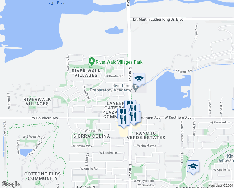 map of restaurants, bars, coffee shops, grocery stores, and more near 5138 West Pecan Road in Phoenix
