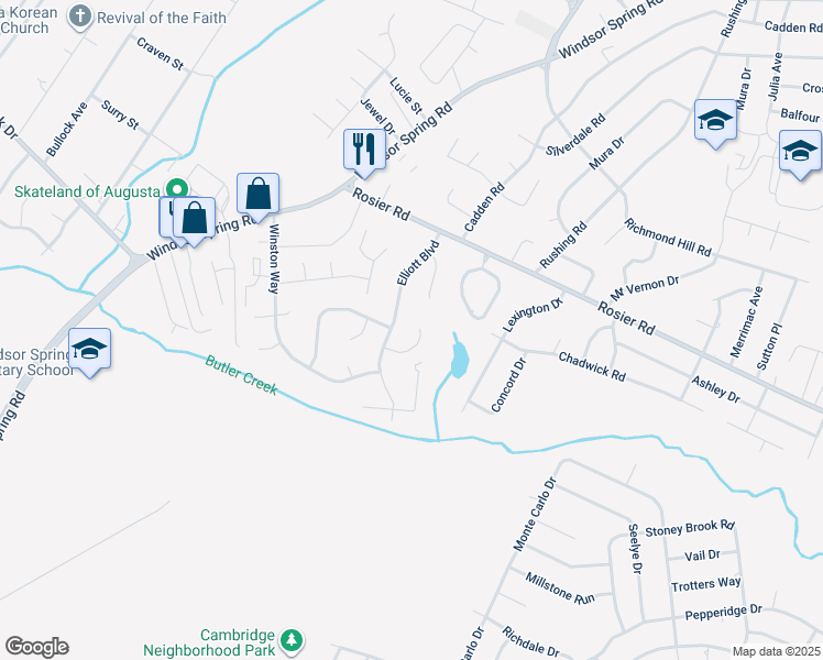 map of restaurants, bars, coffee shops, grocery stores, and more near 2203 Baxter Court in Augusta