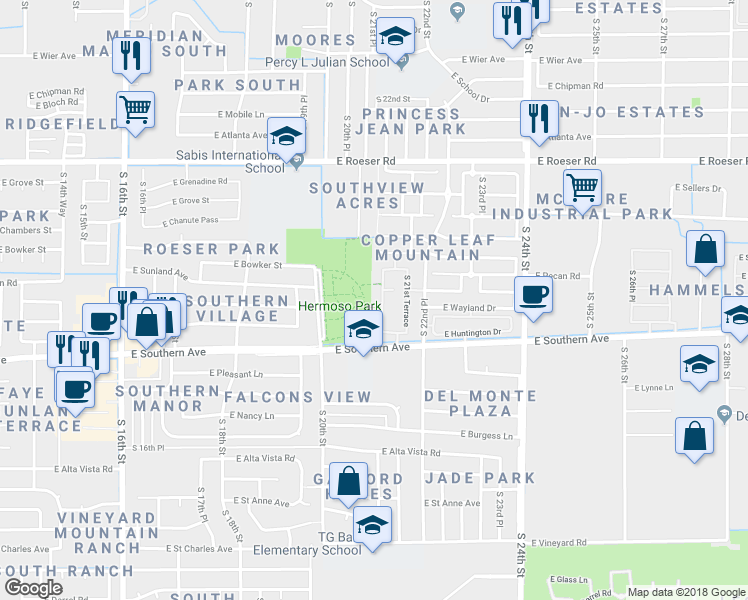map of restaurants, bars, coffee shops, grocery stores, and more near 5704 South 21st Place in Phoenix