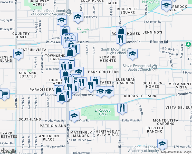 map of restaurants, bars, coffee shops, grocery stores, and more near 422 East Pecan Road in Phoenix