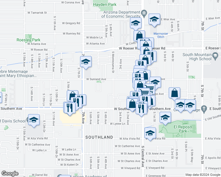 map of restaurants, bars, coffee shops, grocery stores, and more near 319 West Sunland Avenue in Phoenix