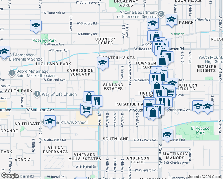map of restaurants, bars, coffee shops, grocery stores, and more near 5637 South 5th Drive in Phoenix