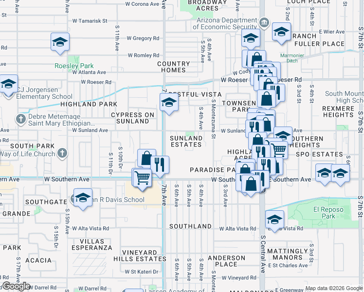 map of restaurants, bars, coffee shops, grocery stores, and more near 5637 South 5th Drive in Phoenix