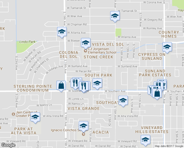 map of restaurants, bars, coffee shops, grocery stores, and more near 1702 West Wayland Drive in Phoenix