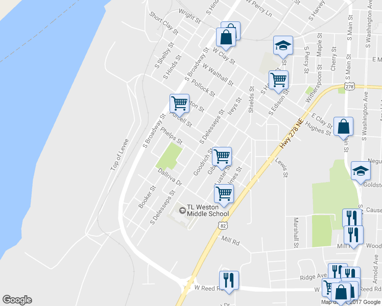 map of restaurants, bars, coffee shops, grocery stores, and more near 1207 South Delesseps Street in Greenville